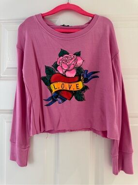 Flowers by Zoe Pink Cropped Sweatshirt with Heart & Rose Graphic